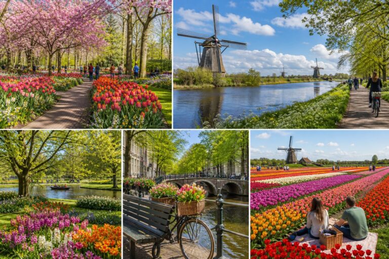 A collage of five beautiful parks and gardens in Amsterdam showing tulip fields, walking paths, canals, windmills, and people enjoying outdoor activities.