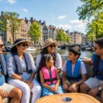 A family of six enjoying a boat tour on Amsterdam's canals with historic buildings and trees in the background.