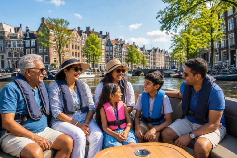 A family of six enjoying a boat tour on Amsterdam's canals with historic buildings and trees in the background.