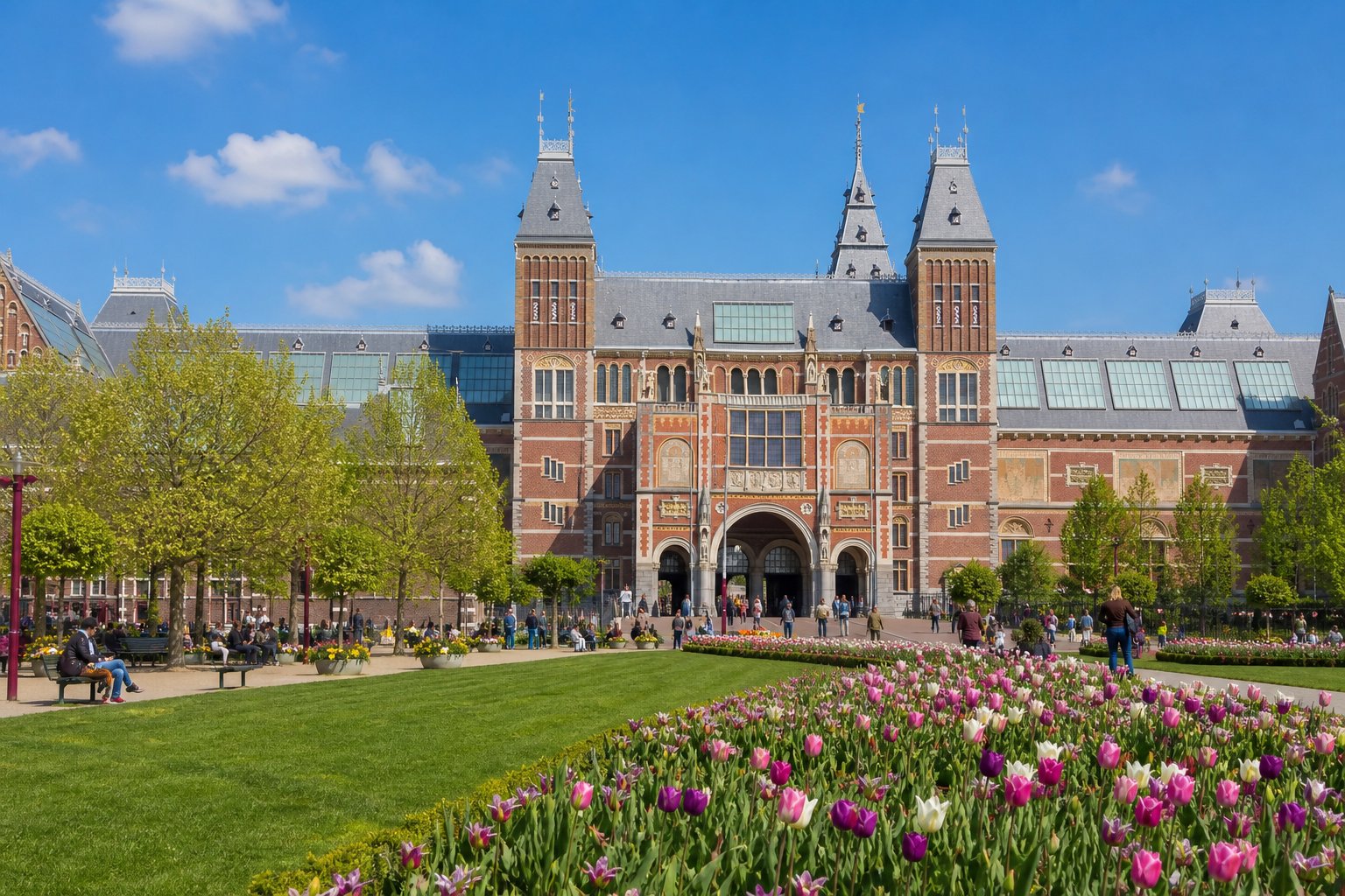 The Rijksmuseum building in Amsterdam with gardens and visitors on a sunny day.