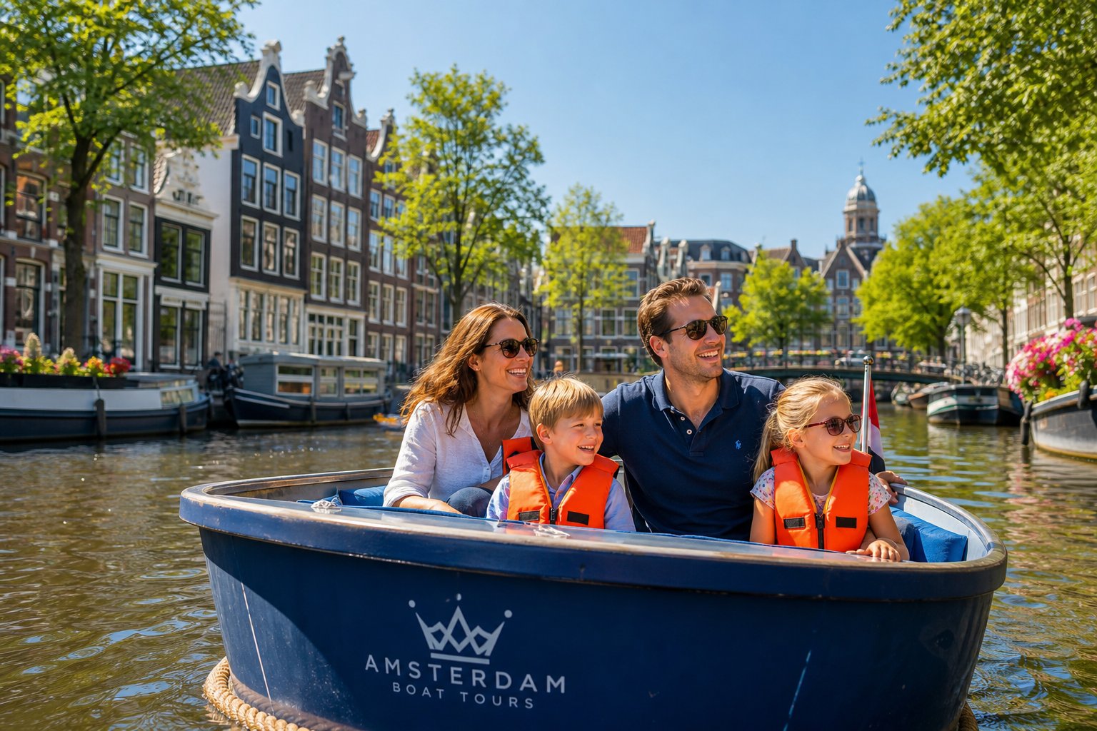A family with children smiling and enjoying a boat cruise on a canal in Amsterdam with traditional buildings and trees along the water.