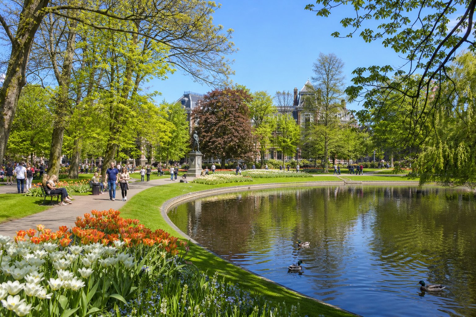 A green park with walking paths, trees, flowers, people walking and sitting, and a pond with ducks in Vondelpark, Amsterdam.
