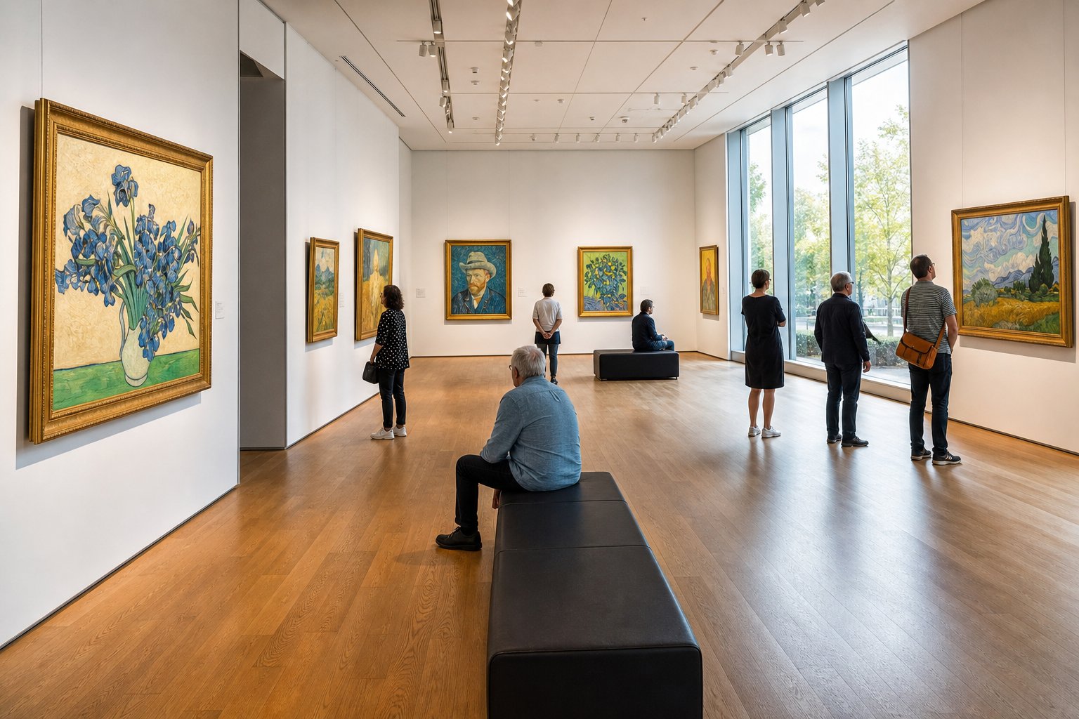 Visitors viewing colorful paintings inside a bright and spacious art gallery with wooden floors and large windows.