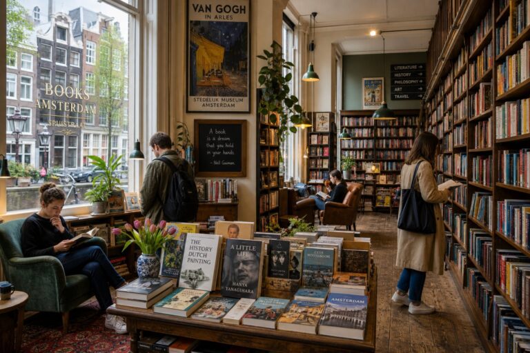 Interior of a cozy bookstore with tall shelves filled with books and people browsing and reading.