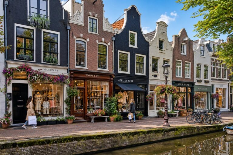 Seven boutique shops along a canal in Amsterdam with solo shoppers browsing and bicycles parked nearby.