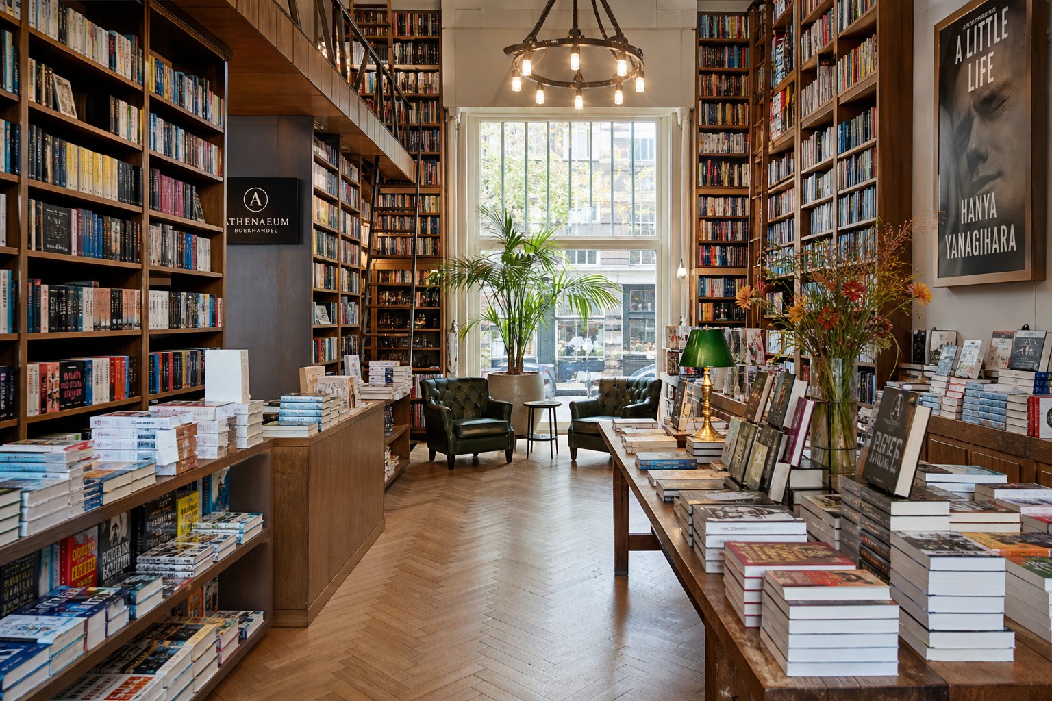 Interior of a bookstore with tall wooden shelves filled with books and a cozy reading area with chairs.