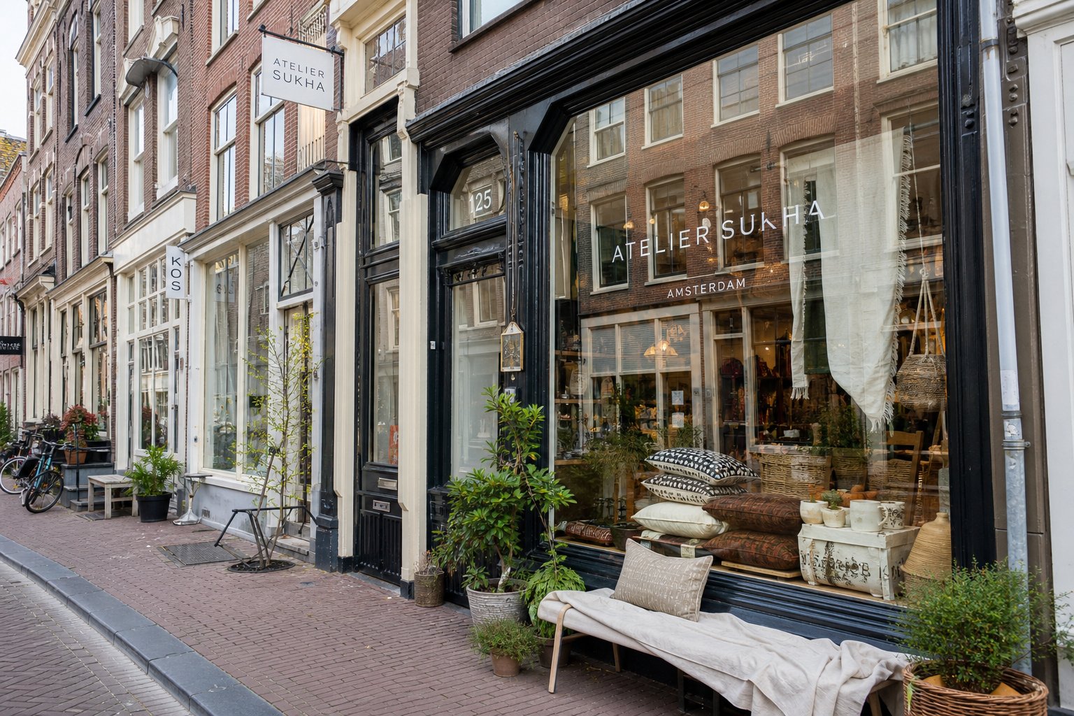 Exterior view of a boutique shop on a cobblestone street in Amsterdam with bicycles parked nearby.