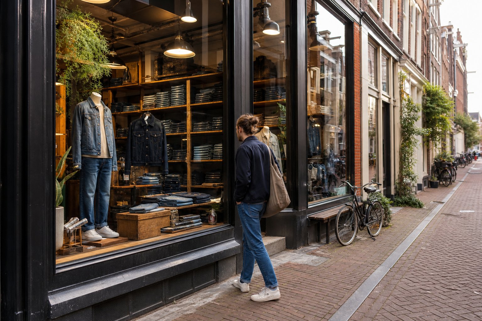 Exterior of a denim boutique shop in Amsterdam's Jordaan neighborhood with a single shopper looking at the window display on a cobblestone street.