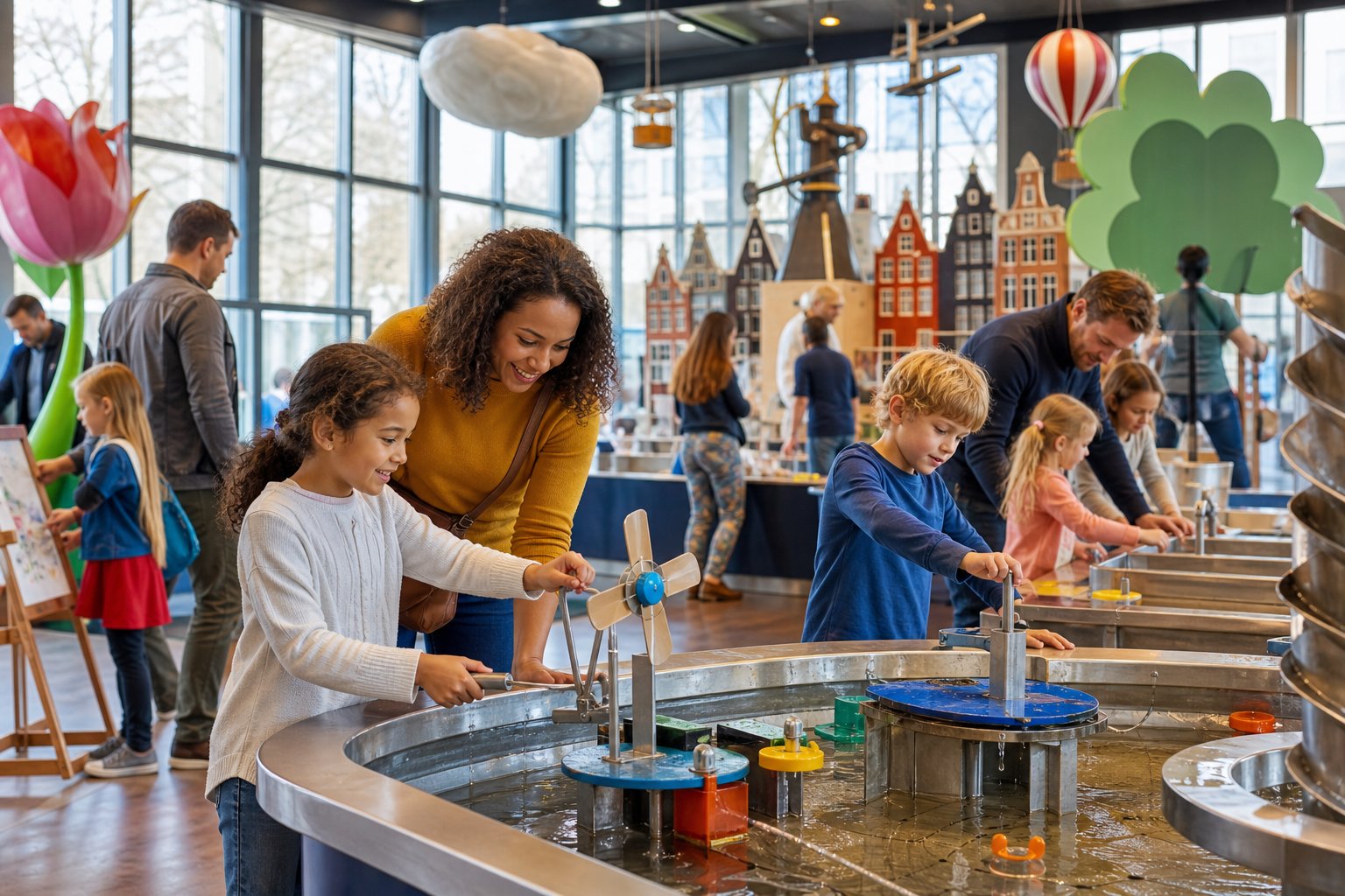 Families with children exploring colorful interactive exhibits inside a bright and spacious children's museum.