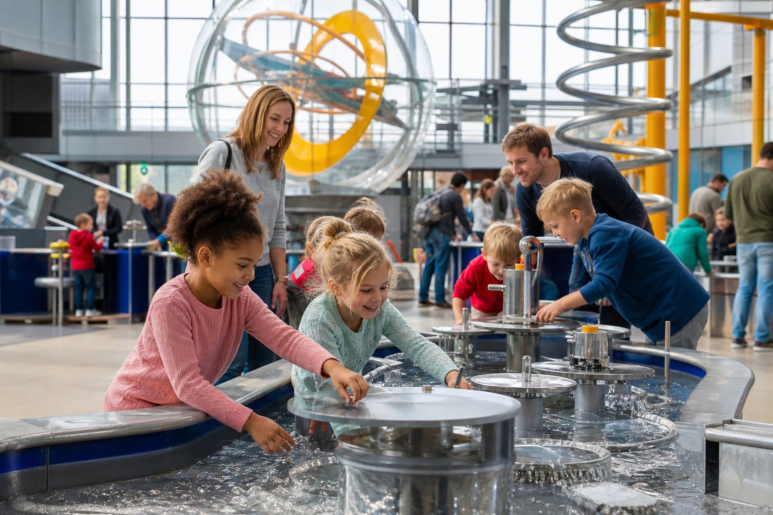 Children and families engaging with interactive science exhibits inside the NEMO Science Museum in Amsterdam.