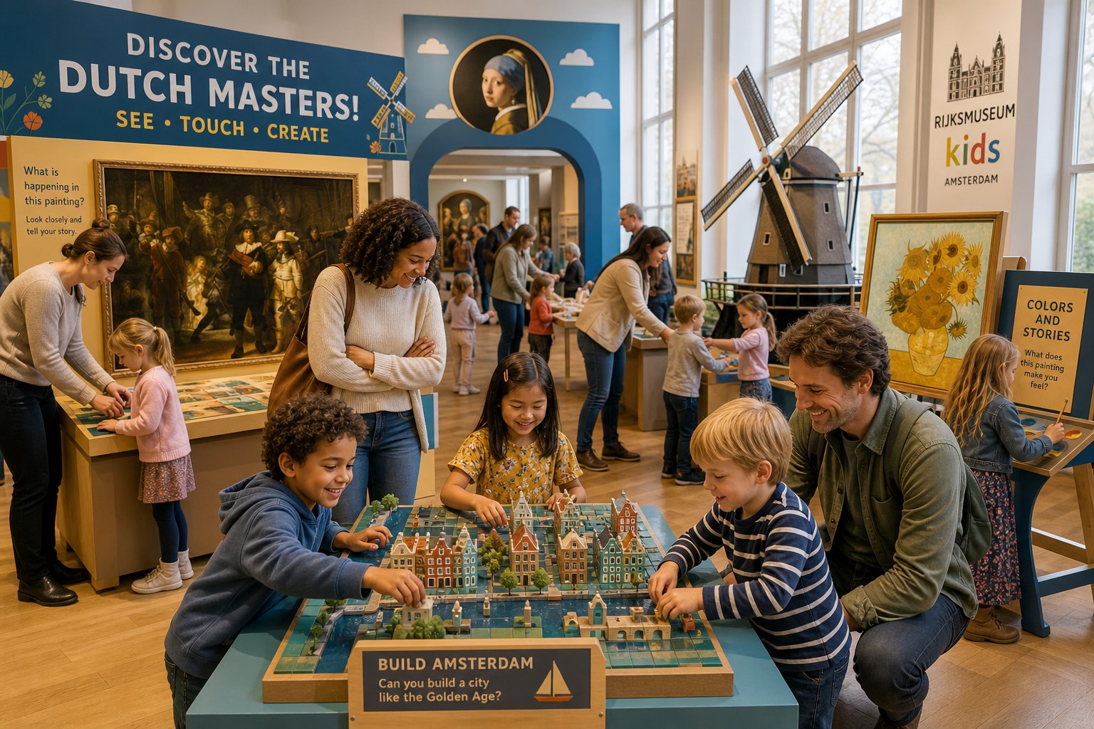 Children and parents interacting with colorful exhibits in a bright, spacious museum gallery.