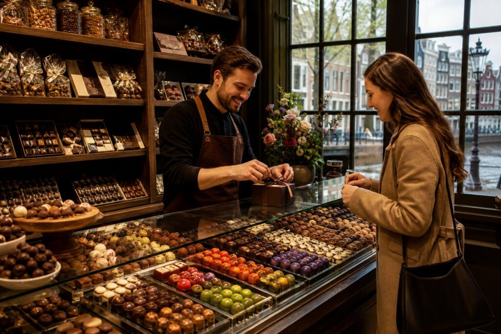 Inside a cozy chocolate shop in Amsterdam with a display of assorted chocolates and a chocolatier serving a customer.