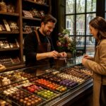 Inside a cozy chocolate shop in Amsterdam with a display of assorted chocolates and a chocolatier serving a customer.