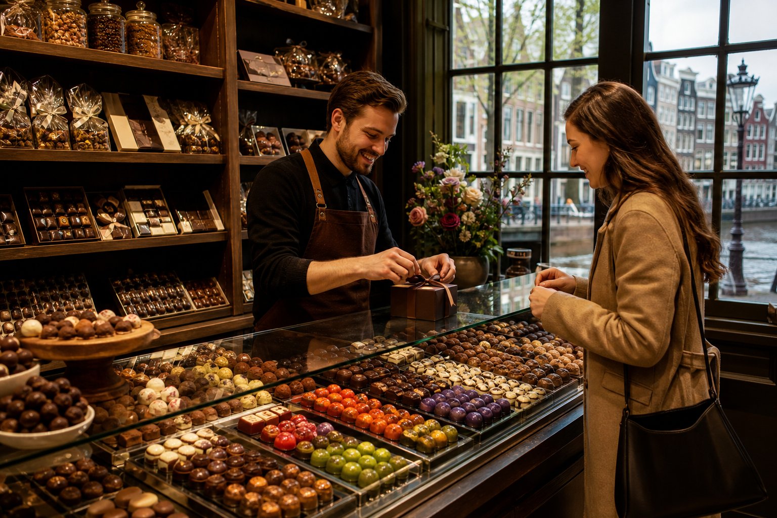 Inside a cozy chocolate shop in Amsterdam with a display of assorted chocolates and a chocolatier serving a customer.
