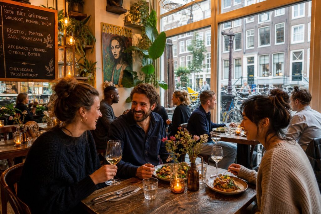 Cozy restaurant interior in Amsterdam with diners enjoying meals near large windows overlooking a street with canal houses and bicycles.