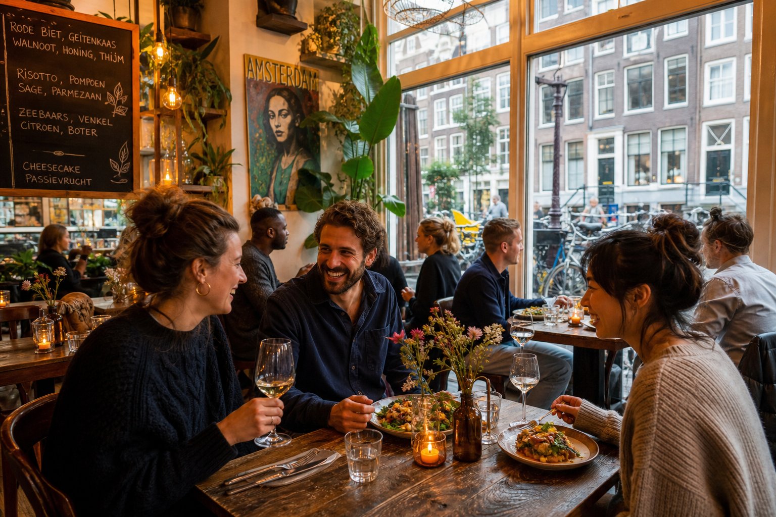 Cozy restaurant interior in Amsterdam with diners enjoying meals near large windows overlooking a street with canal houses and bicycles.