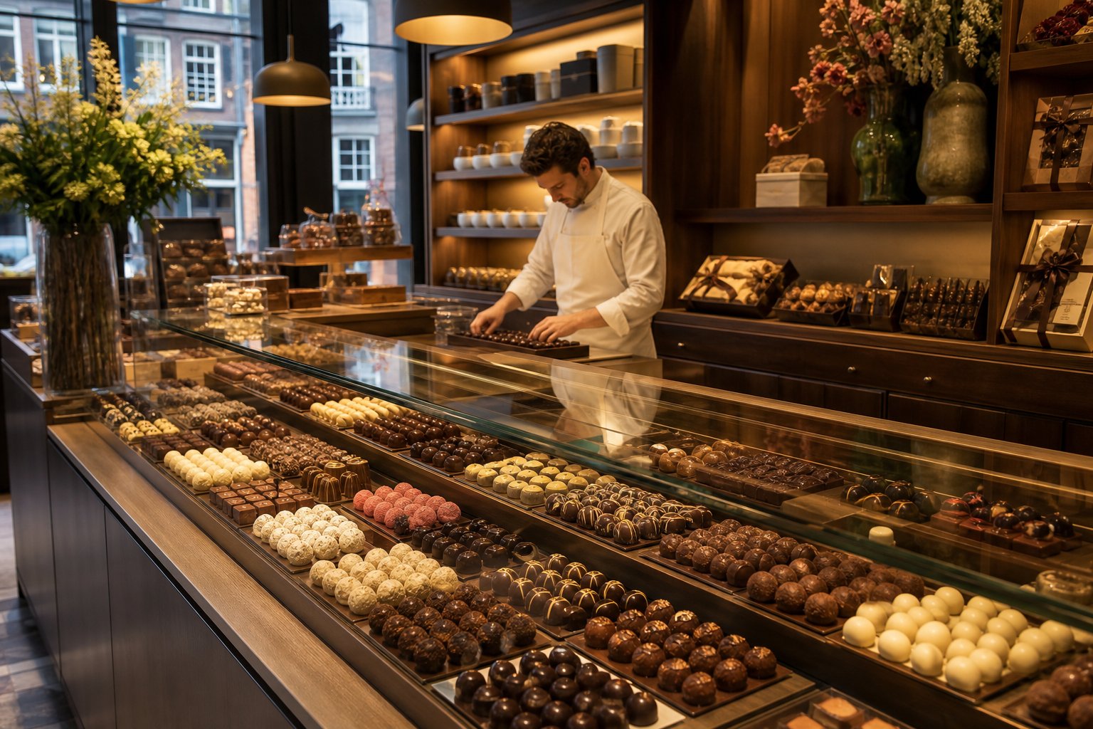Interior of a chocolate shop with shelves and display cases filled with assorted chocolates and a chocolatier arranging sweets.