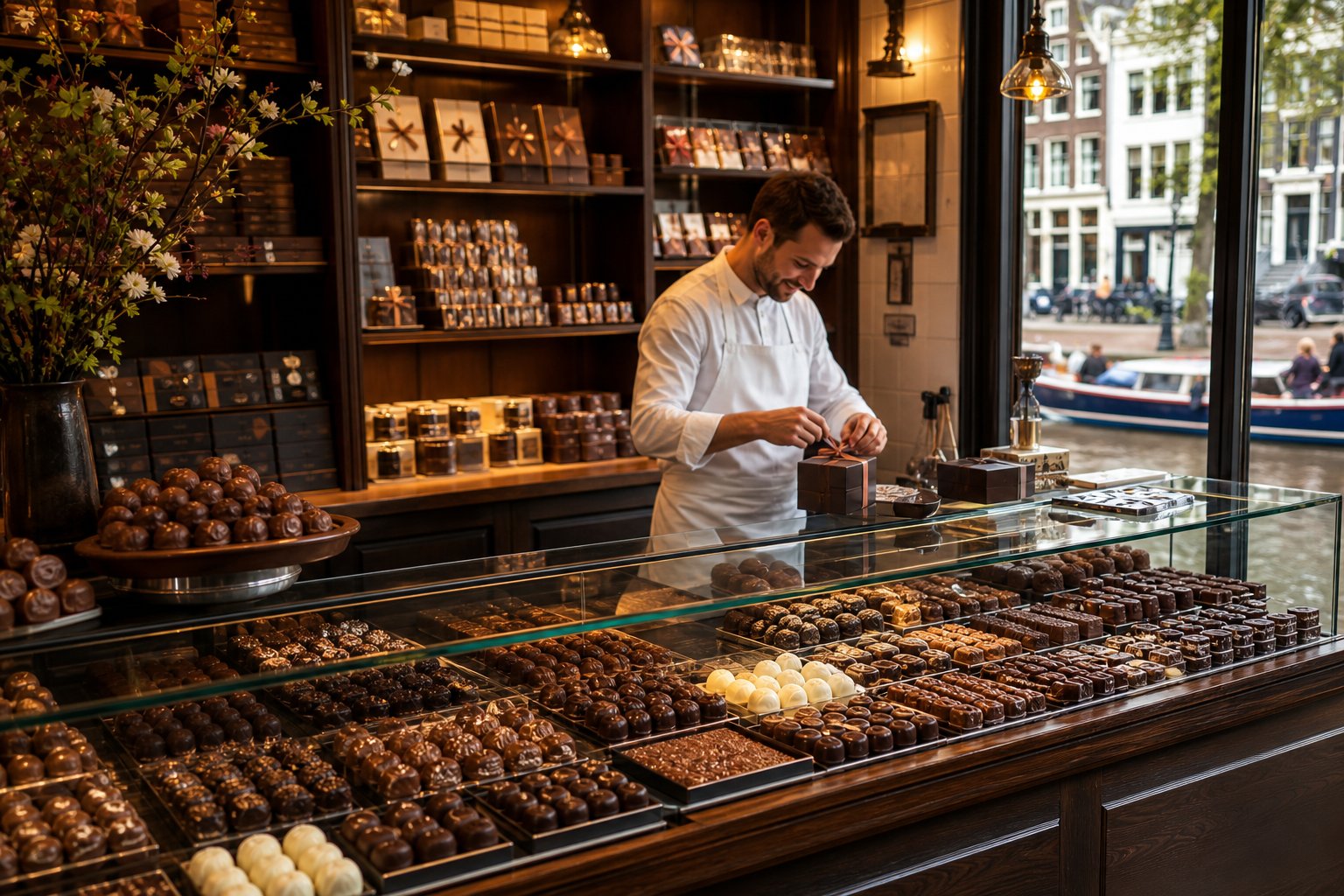 Interior of a chocolate shop in Amsterdam with displays of assorted chocolates and a chocolatier packing chocolates behind the counter.