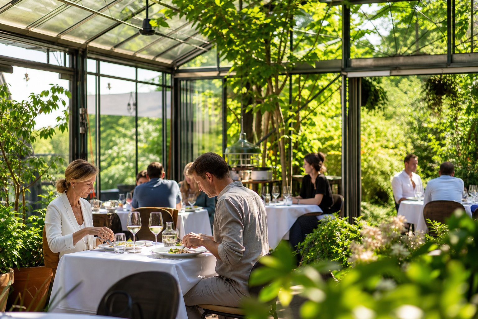 Interior of a bright greenhouse-style restaurant with tables set for dining and plants surrounding the space.