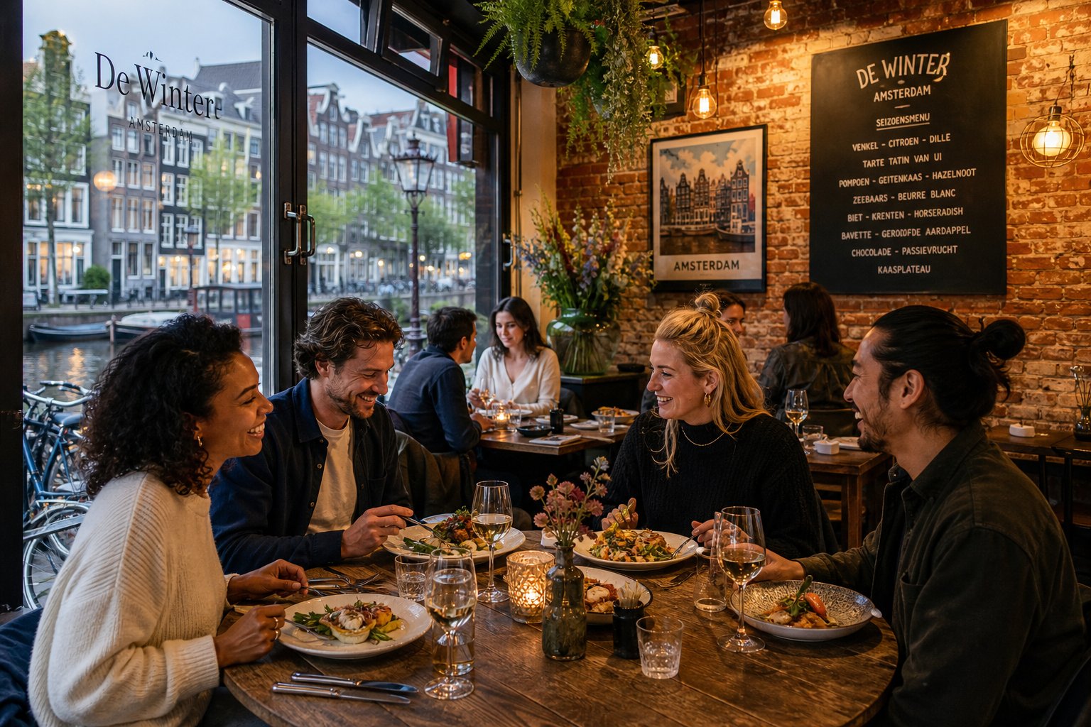 People enjoying a meal inside a cozy restaurant with a view of Amsterdam canals and buildings through large windows.