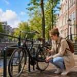 A bicycle securely locked on a bike rack near a canal with traditional Dutch buildings in the background and a person checking the bike lock.