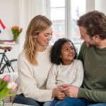 A smiling Dutch couple holding hands with a happy young child in a bright living room with tulips and a bicycle in the background.