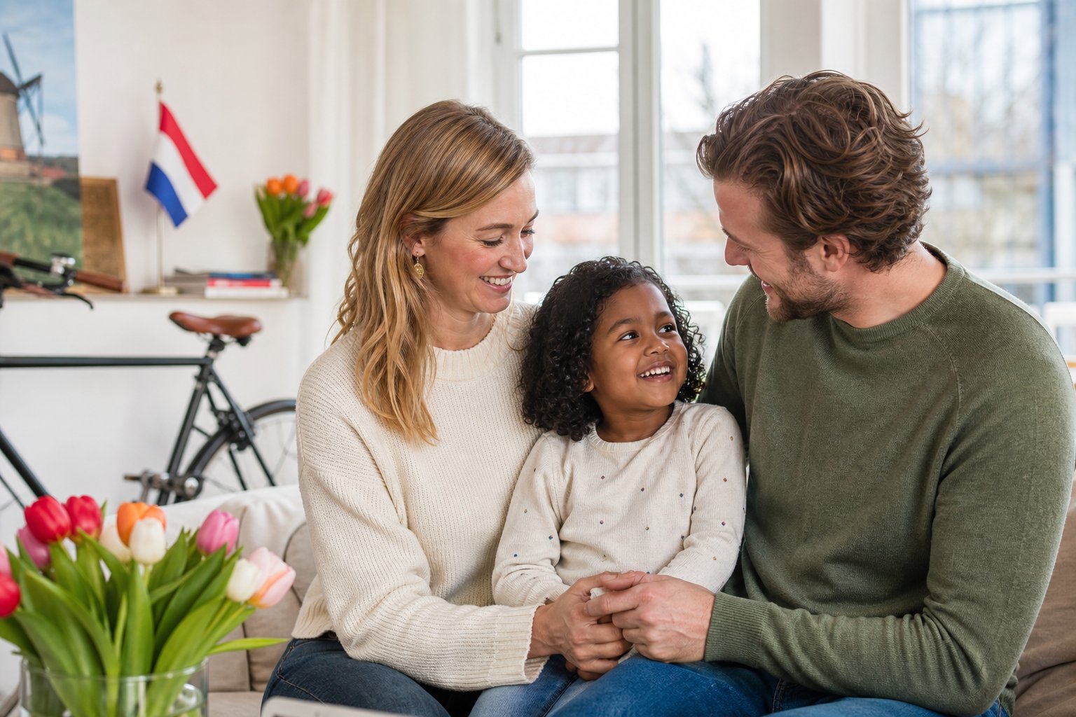 A smiling Dutch couple holding hands with a happy young child in a bright living room with tulips and a bicycle in the background.