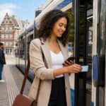 A person holding a personal OV card while boarding a tram in a Dutch city.