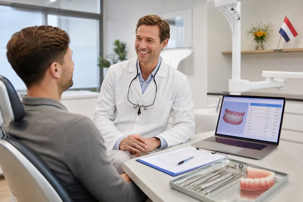 A dentist consulting with a patient in a modern dental clinic with dental tools and a laptop on a table.