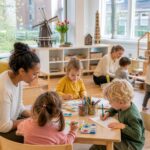 Young children playing and learning in a bright, modern daycare center in the Netherlands with attentive caregivers.