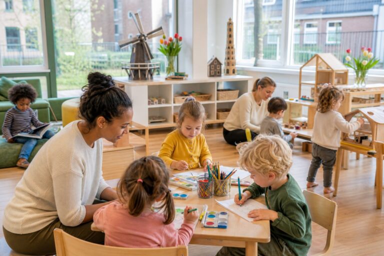 Young children playing and learning in a bright, modern daycare center in the Netherlands with attentive caregivers.