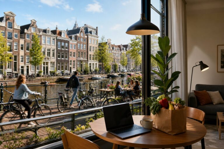 View of Amsterdam canal with traditional houses, bicycles parked along the water, and a cozy apartment interior visible through a window.