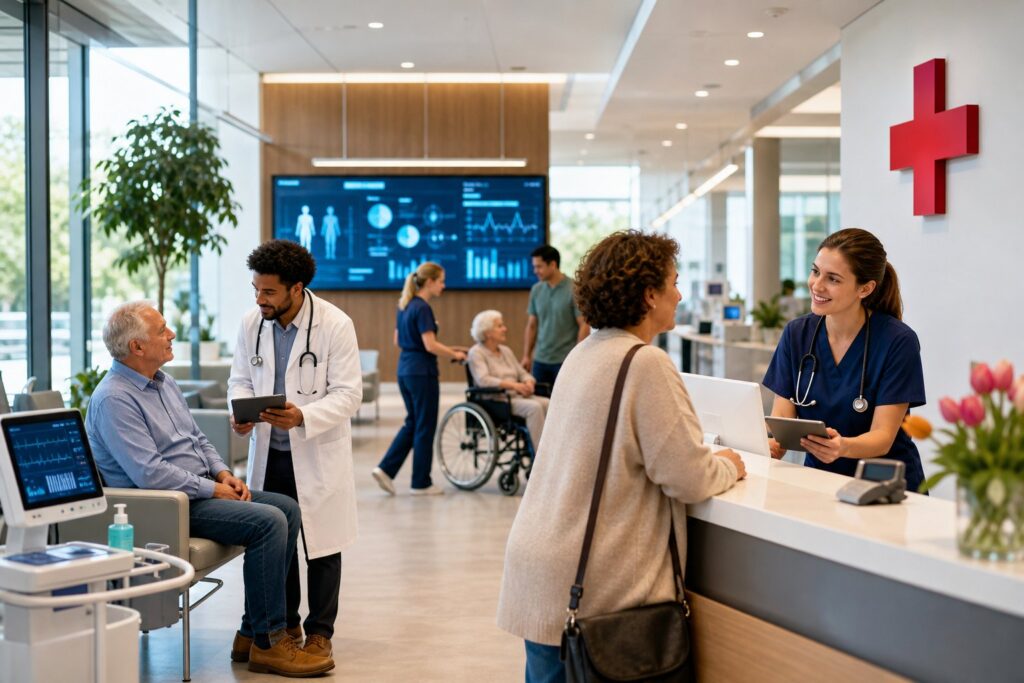 A modern hospital reception area in the Netherlands with healthcare professionals attending to diverse patients, medical equipment visible, and a digital screen showing healthcare data in the background.
