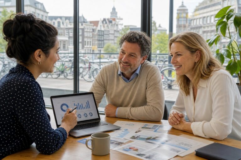 People in an office discussing health insurance with a laptop and documents on the table, city view with bicycles outside the window.