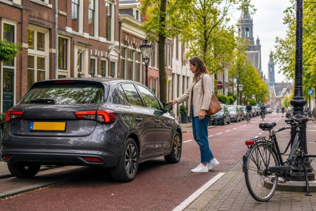 A person unlocking a car parked on a Dutch city street with bicycles nearby and traditional buildings in the background.