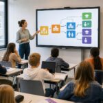 A classroom with a teacher and diverse students looking at a screen showing a colorful infographic about educational stages.