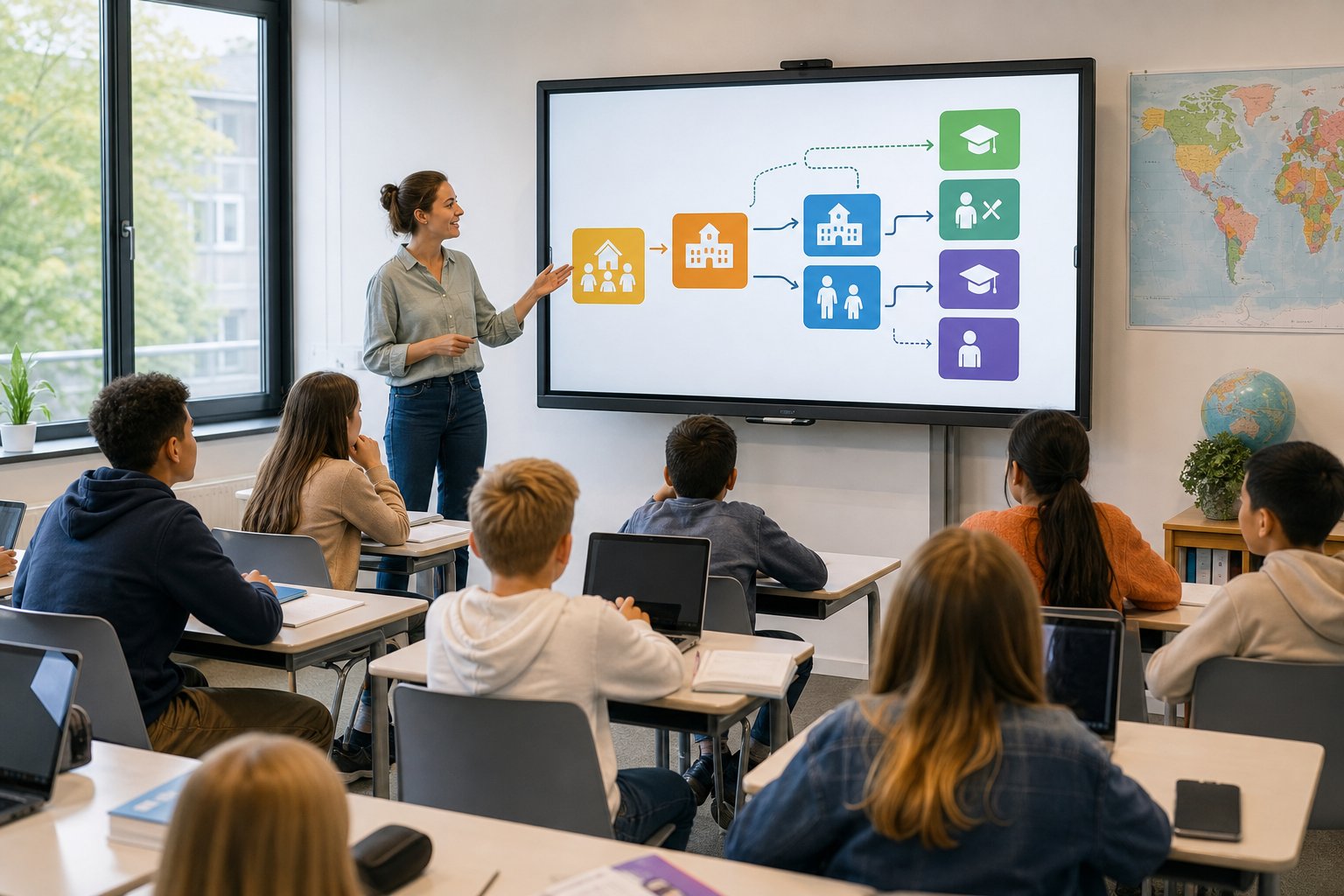 A classroom with a teacher and diverse students looking at a screen showing a colorful infographic about educational stages.