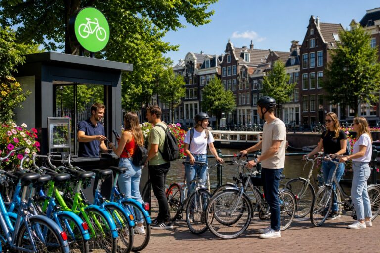 People renting bicycles near a bike rental kiosk on a street with traditional Amsterdam canal houses and a canal in the background.