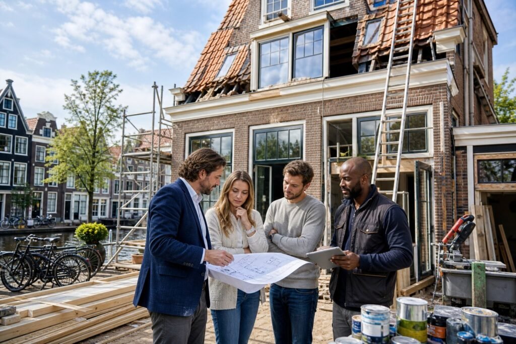 A group of people discussing plans outside a traditional Dutch brick house undergoing renovation with construction materials around.