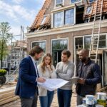 A group of people discussing plans outside a traditional Dutch brick house undergoing renovation with construction materials around.