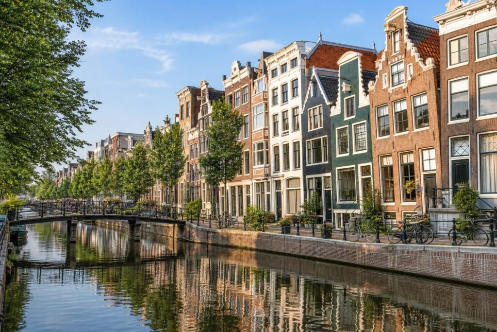 Row of traditional Dutch canal houses along a calm canal with bicycles parked nearby and a small pedestrian bridge.