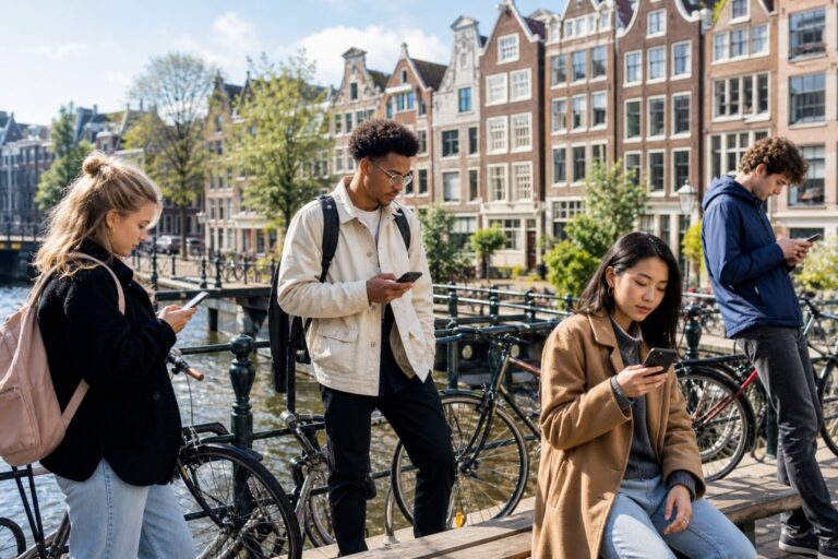 People using smartphones outdoors in a Dutch city with canal houses and bicycles in the background.