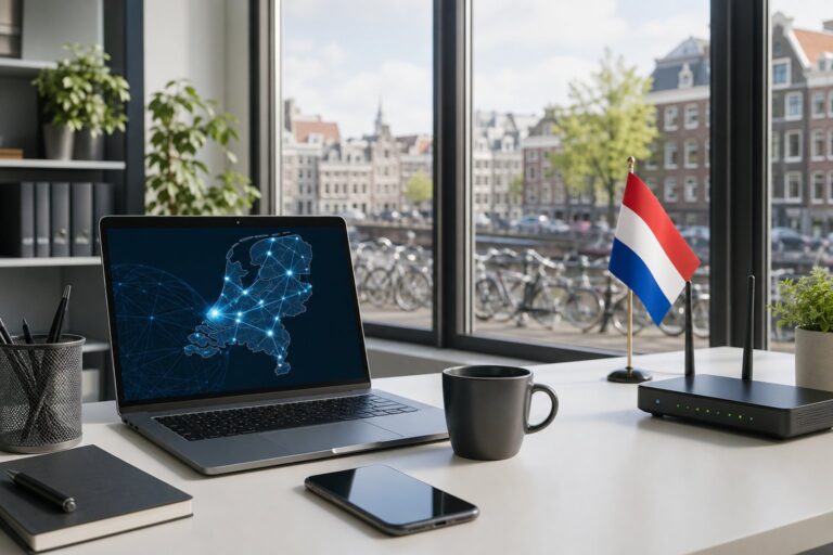 A modern office desk with a laptop, smartphone, and coffee cup, overlooking a Dutch cityscape with bicycles and traditional buildings.