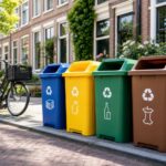 A row of color-coded recycling bins outside typical Dutch houses with a bicycle nearby and green trees in the background.