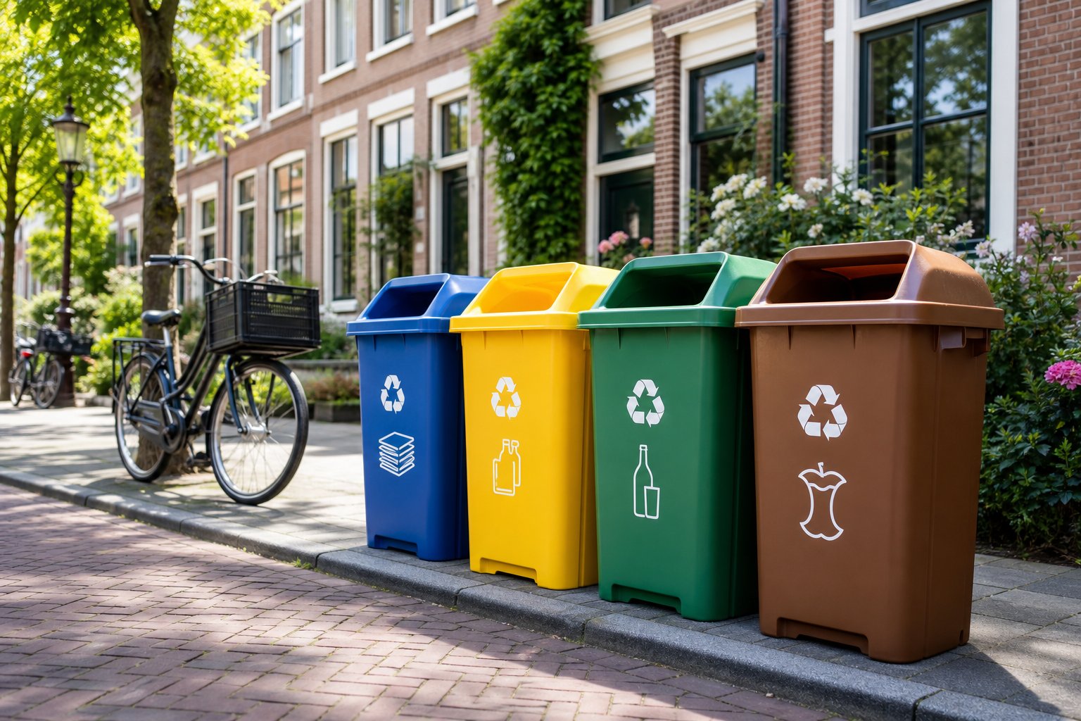 A row of color-coded recycling bins outside typical Dutch houses with a bicycle nearby and green trees in the background.