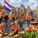 People celebrating a public holiday outdoors in a Dutch town square decorated with orange flags and tulips, with traditional buildings and a canal in the background.