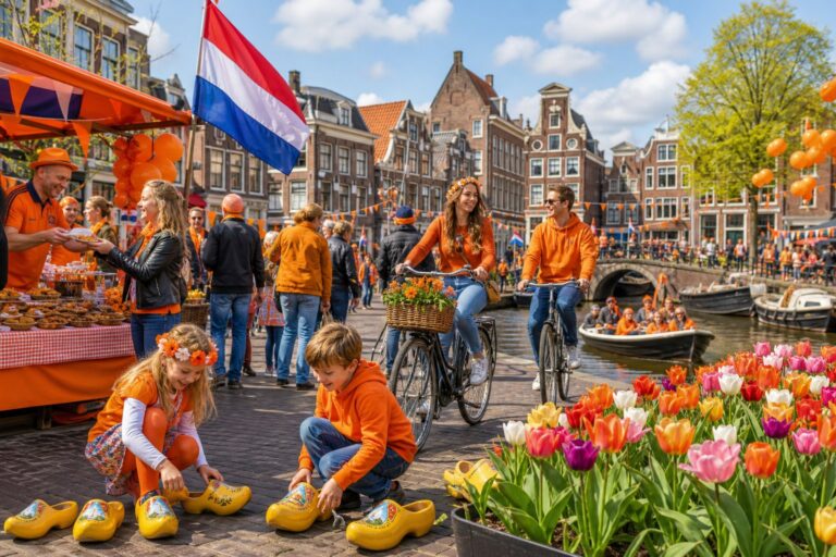 People celebrating a public holiday outdoors in a Dutch town square decorated with orange flags and tulips, with traditional buildings and a canal in the background.