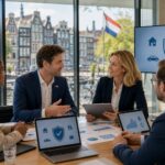 Business professionals discussing insurance documents in a modern office with a view of Dutch city buildings outside.