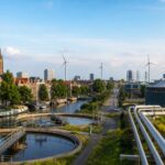 A Dutch cityscape featuring canal houses, wind turbines, electricity pylns, and water treatment facilities under a clear sky.