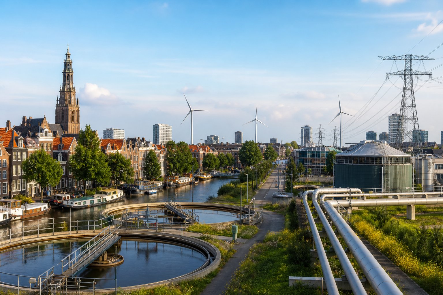 A Dutch cityscape featuring canal houses, wind turbines, electricity pylns, and water treatment facilities under a clear sky.
